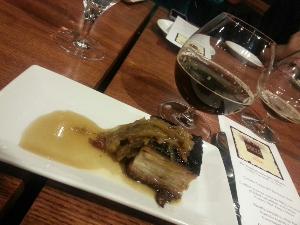 Crispy pork belly with Michigan maple syrup and endive marmalade paired with Rogue Marionberry Braggot. #nom